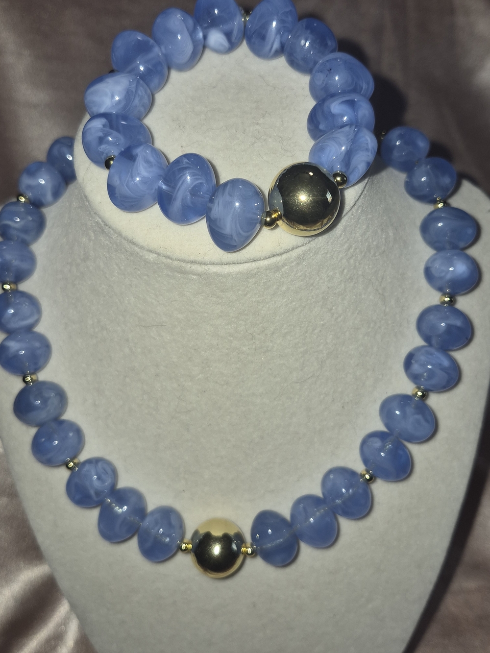 Blue Beaded Necklace and Bracelet Set with Gold Accents